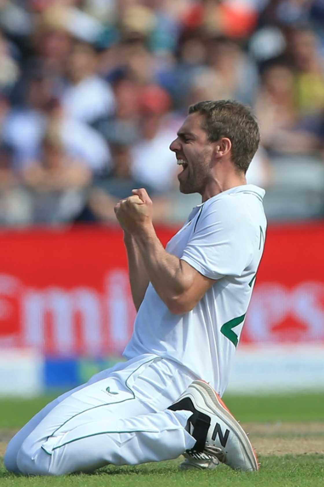 Key wicket - South Africa's Anrich Nortje celebrates his dismissal of England's Jonny Bairstow in the second Test at Old Trafford Key wicket - South Africa's Anrich Nortje celebrates his dismissal of England's Jonny Bairstow in the second Test at Old Trafford