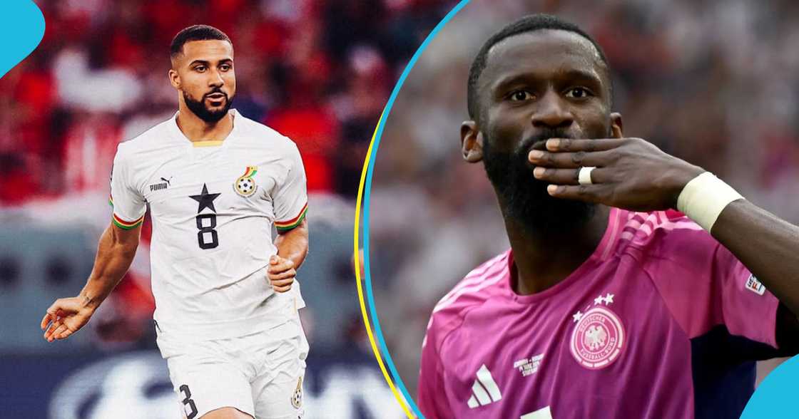 Kofi Kyere: Black Stars midfielder hangs out with Antonio Rudiger, gets his jersey as a gift