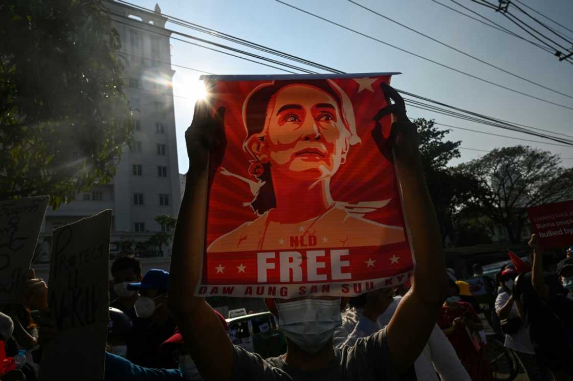 Protesters call for Aung San Suu Kyi's release during a rally in Yangon last year Protesters call for Aung San Suu Kyi's release during a rally in Yangon last year