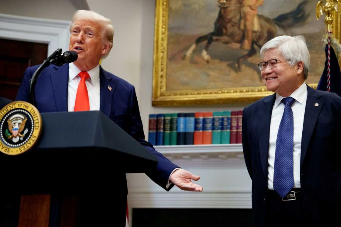 US President Donald Trump (L), with Taiwanese chip-maker TSMC's CEO C.C. Wei (R), speak to journalists at the White House US President Donald Trump (L), with Taiwanese chip-maker TSMC's CEO C.C. Wei (R), speak to journalists at the White House