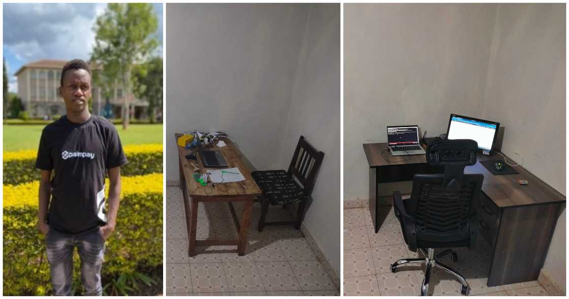 Young man celebrates upgrading his room Young man celebrates upgrading his room