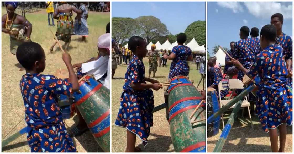 Ghanaian boy skillfully plays drum during Hogbetsotso festival