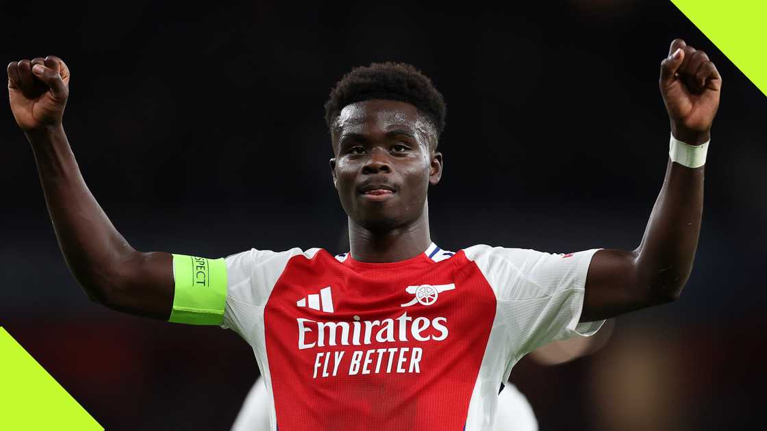 Bukayo Saka, who stepped in as captain for Arsenal against Paris Saint-Germain, celebrates his Champions League goal on October 1, 2024. Bukayo Saka, who stepped in as captain for Arsenal against Paris Saint-Germain, celebrates his Champions League goal on October 1, 2024.