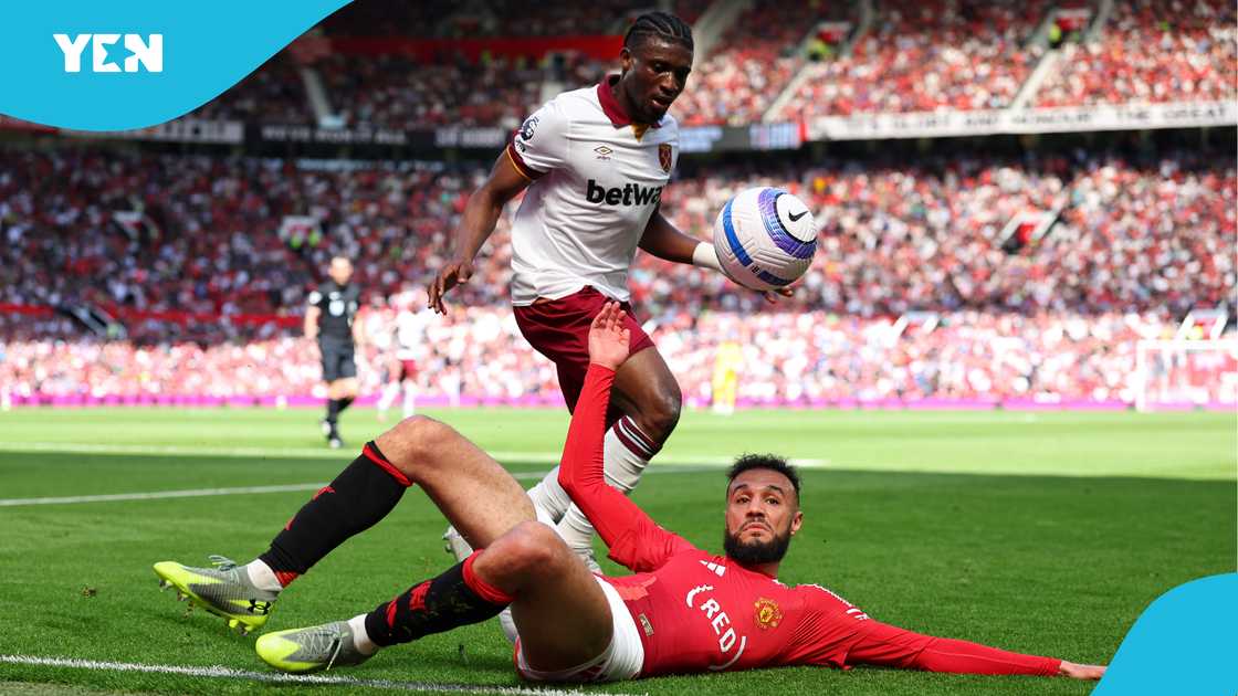 Mohammed Kudus of West Ham United clashes with Noussair Mazraoui of Manchester United during the Premier League match between Manchester United FC and West Ham United FC at Old Trafford on May 11, 2025 in Manchester, England Mohammed Kudus of West Ham United clashes with Noussair Mazraoui of Manchester United during the Premier League match between Manchester United FC and West Ham United FC at Old Trafford on May 11, 2025 in Manchester, England