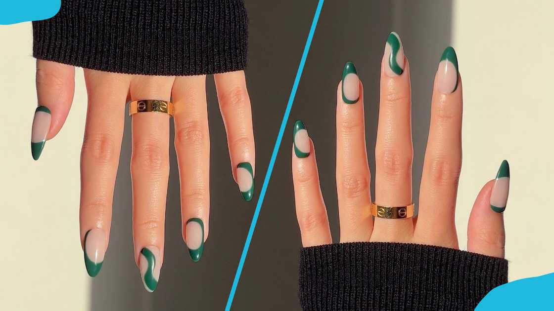 Almond-shaped modern swirl green nail design Almond-shaped modern swirl green nail design