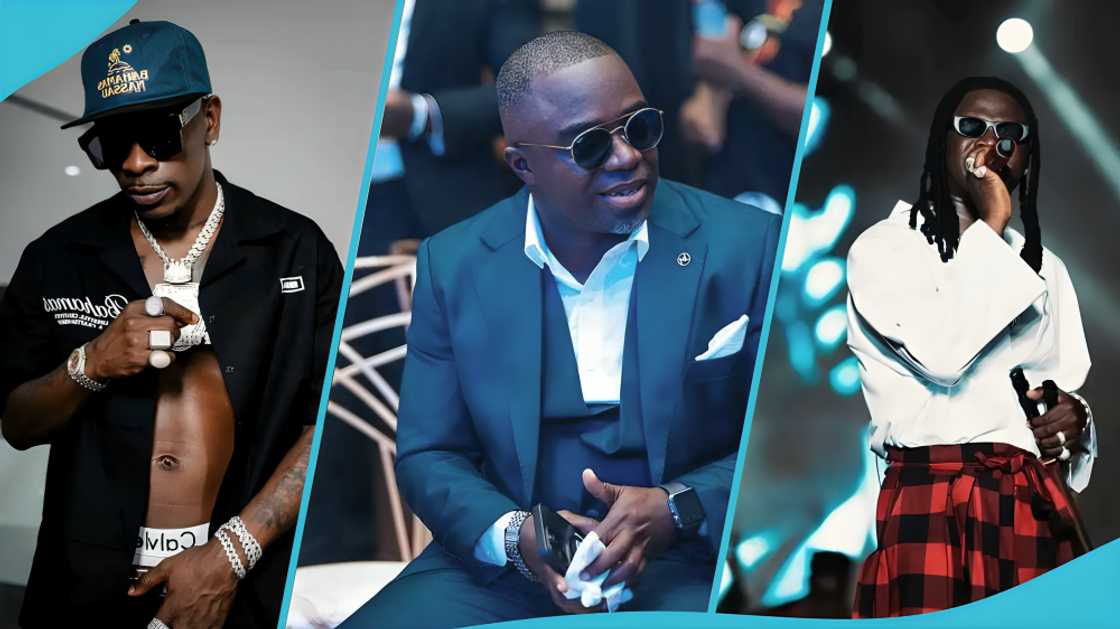 Shatta Wale's manager, Sammy Flex, has given Stonebwoy a 48-hour ultimatum to provide evidence over allegations about his mother. Image credit: Shatta Wale, Sammy Flex, Stonebwoy
