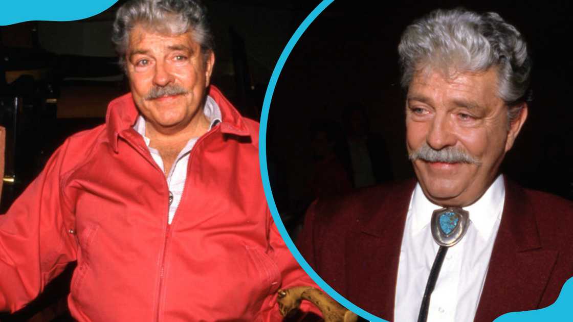 The late American actor Dale Robertson in a red jacket and maroon coat