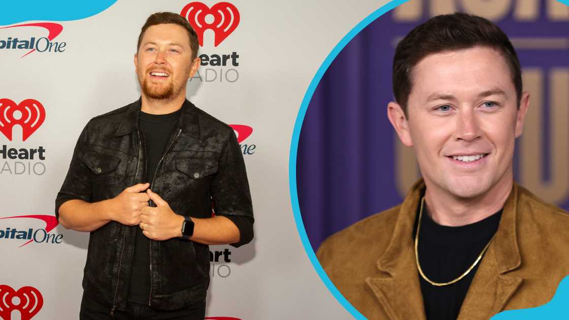 Scotty McCreery poses backstage in Austin, Texas (L). He attends the 59th Academy of Country Music Awards in Frisco, Texas (R)