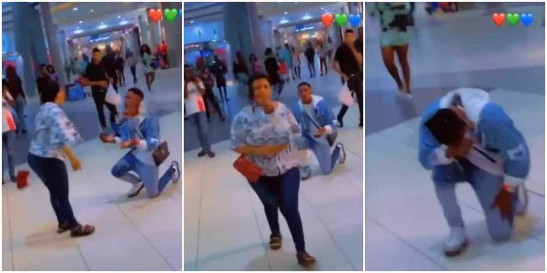 Drama as lady embarrasses boyfriend in failed marriage proposal at mall, walks out on him after a resounding 'no' Drama as lady embarrasses boyfriend in failed marriage proposal at mall, walks out on him after a resounding 'no'