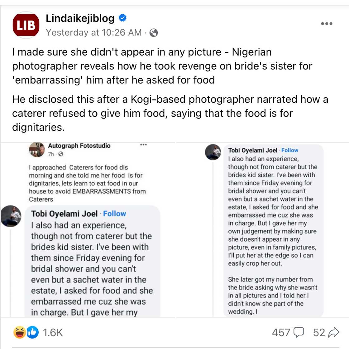 Photographer narrated how a caterer refused to give him food