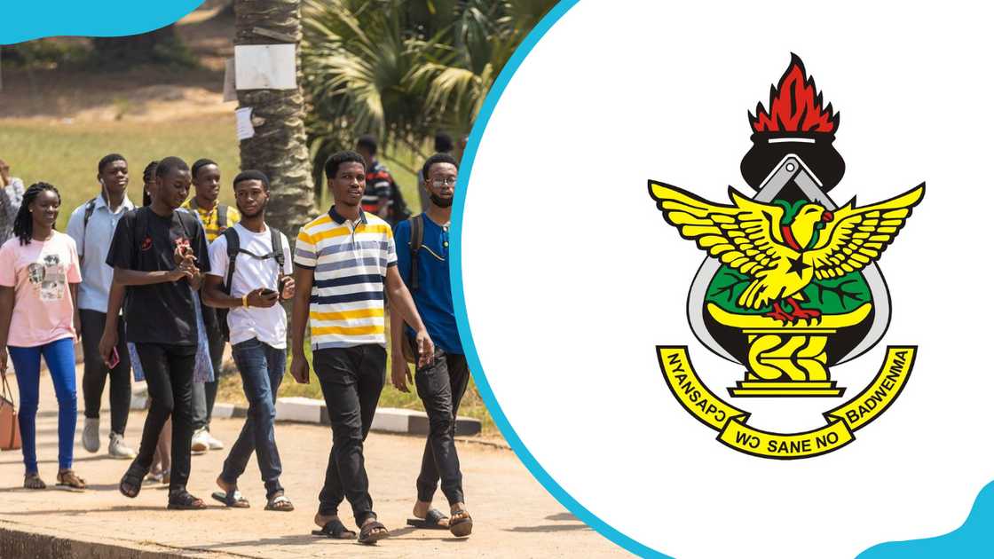 KNUST students walking inside the institution and the KNUST logo