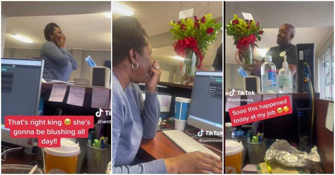 Photos of man delivering flowers at his wife's office to surprise her Photos of man delivering flowers at his wife's office to surprise her
