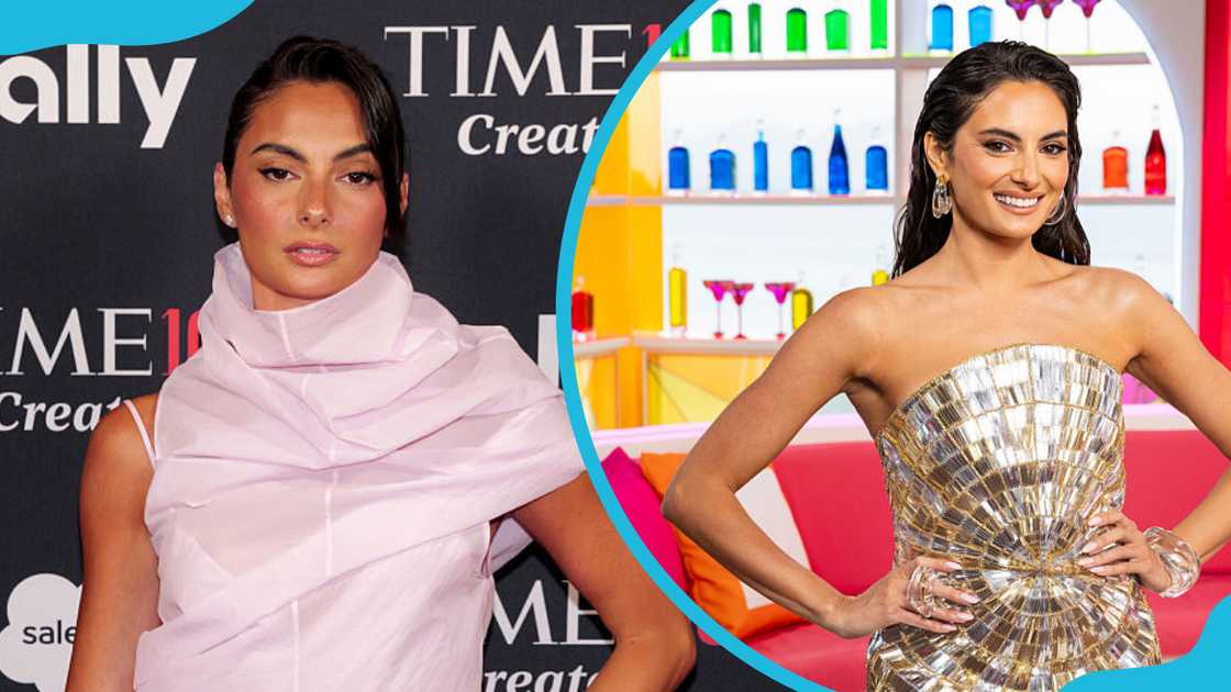 Paige DeSorbo in a pink (L) and golden (R) outfit