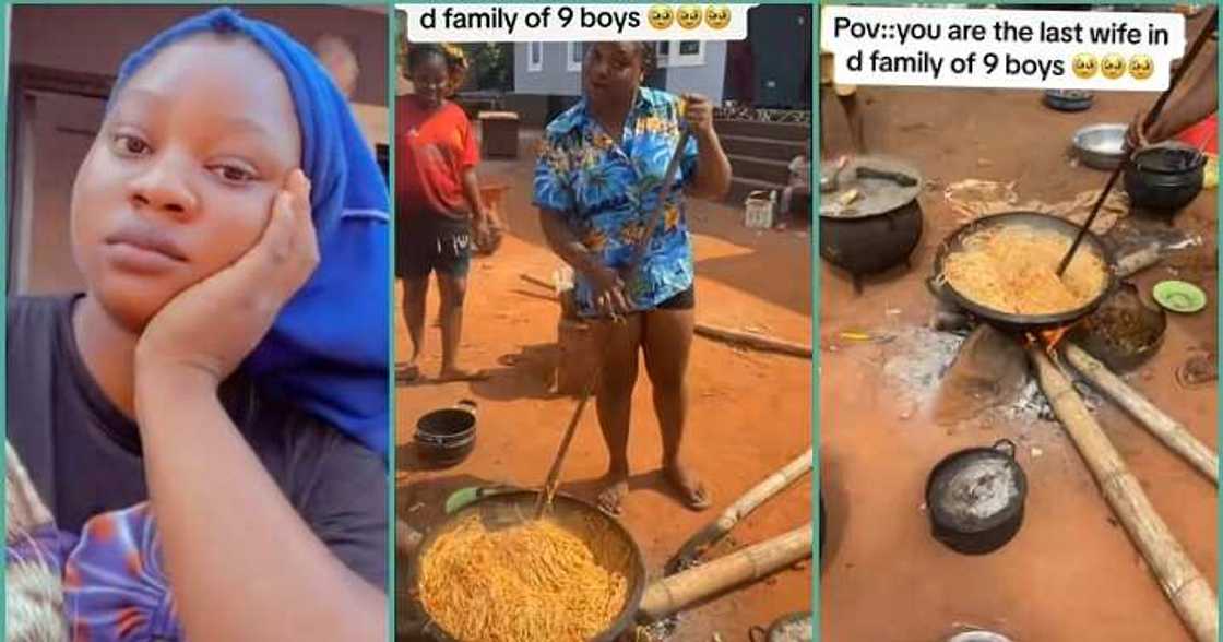 Woman cooks large assorted meals for husband's family of 9 sons Woman cooks large assorted meals for husband's family of 9 sons