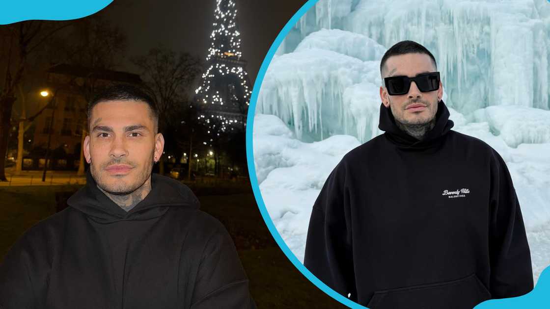 Dustin Tyler posing for a camera with his black hoodies Dustin Tyler posing for a camera with his black hoodies