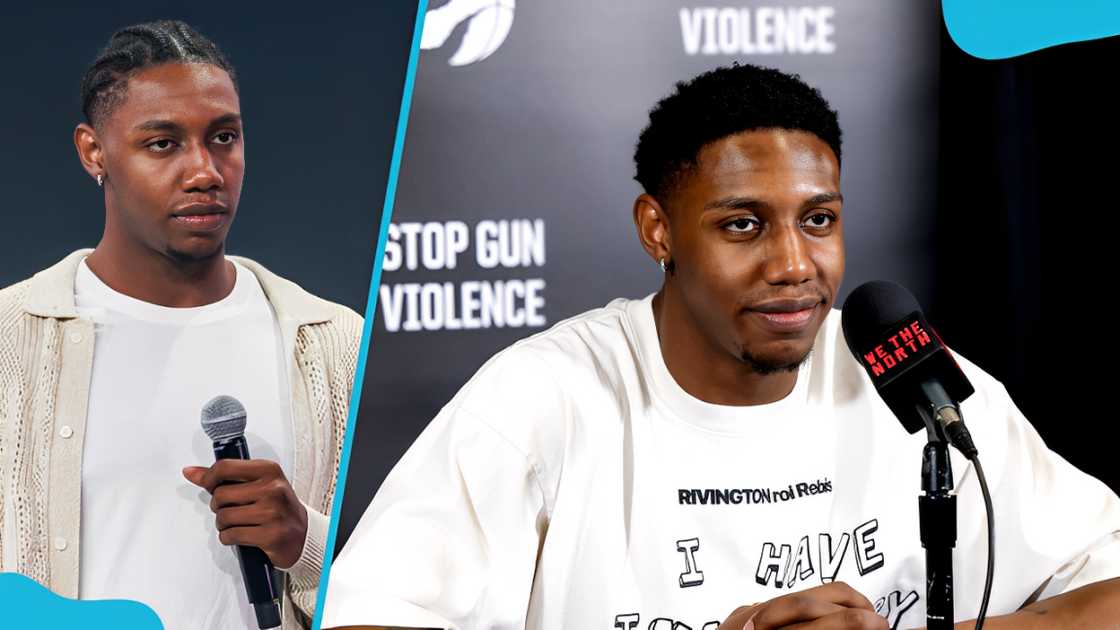 RJ Barrett addresses the media at different events. RJ Barrett addresses the media at different events.