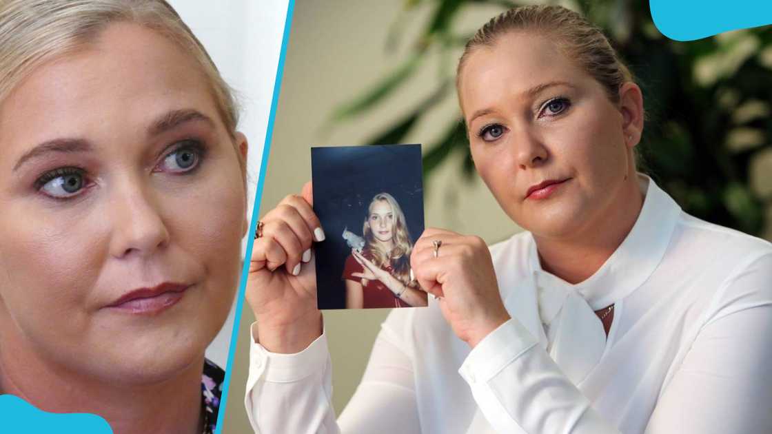 Virginia Roberts Giuffre during an interview. She holds a photo of her younger self.