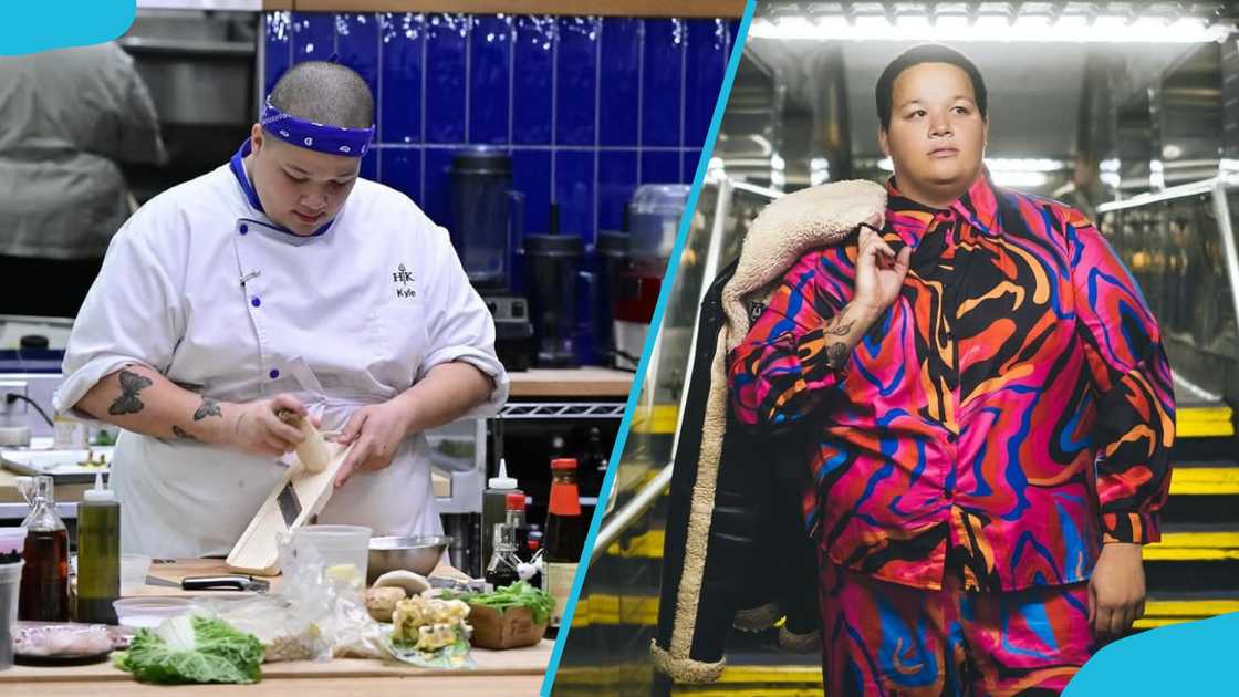 Kyle Timpson working in the kitchen in his chef uniform and standing in a the subway in a stunning to-piece attire Kyle Timpson working in the kitchen in his chef uniform and standing in a the subway in a stunning to-piece attire