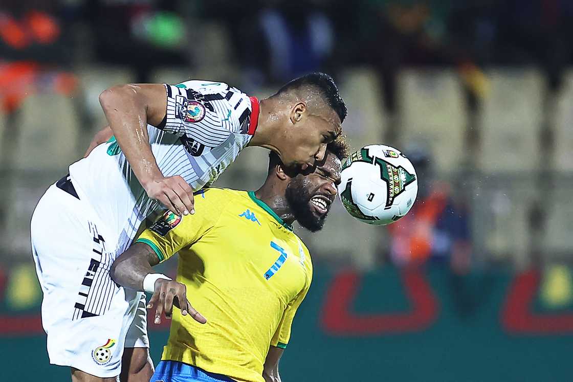 Alexander Djiku (L) of Ghana fights for the ball with Gabon's forward Aaron Boupendza during the Group C Africa Cup of Nations (CAN) 2021 Ghana vs Gabon on January 14, 2022 Alexander Djiku (L) of Ghana fights for the ball with Gabon's forward Aaron Boupendza during the Group C Africa Cup of Nations (CAN) 2021 Ghana vs Gabon on January 14, 2022