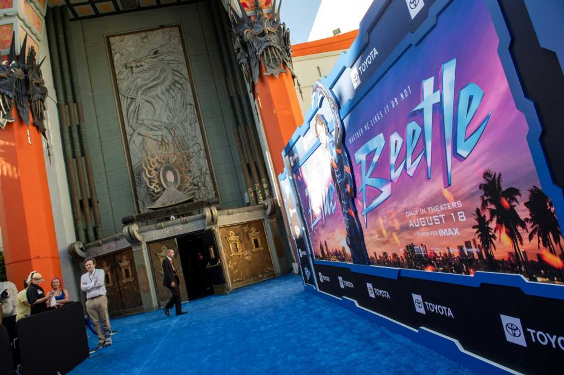 View of the blue carpet during Warner Bros' "Blue Beetle" premiere in Hollywood, California