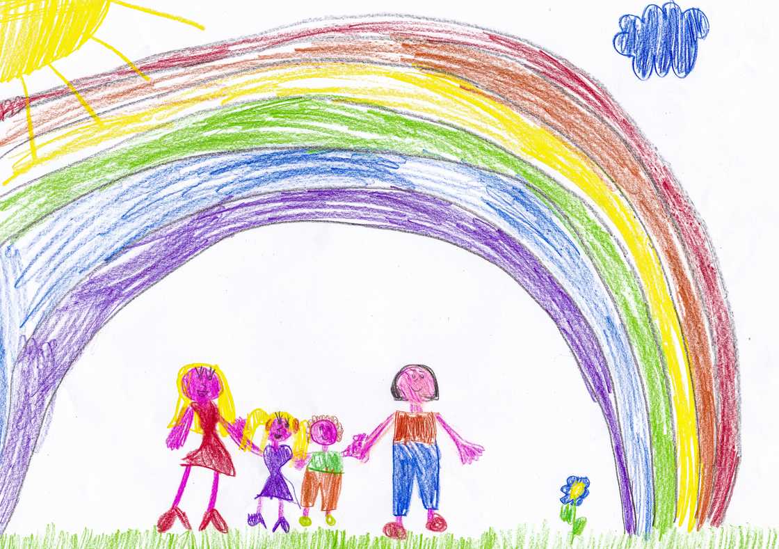 A drawing of a rainbow and a family holding hands A drawing of a rainbow and a family holding hands