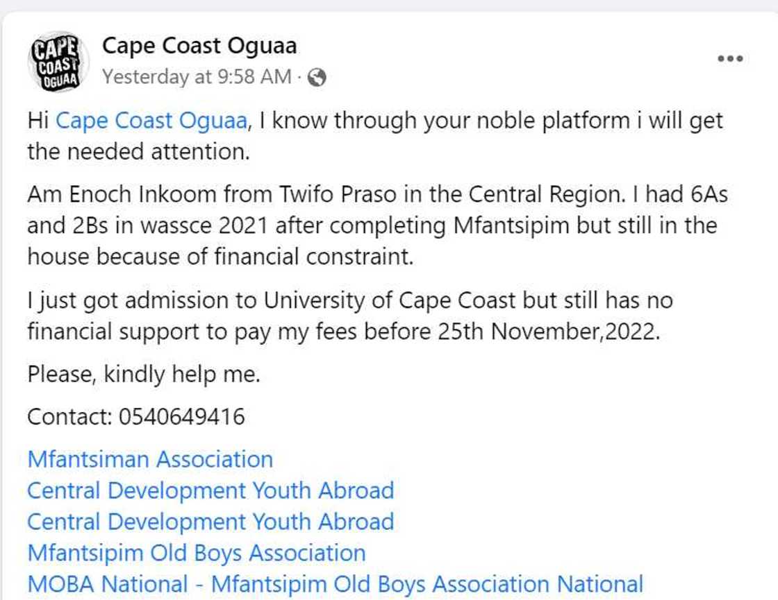 Ghanaian student with 6As and 2Bs in WASSCE appeals for help to pay his fees. Ghanaian student with 6As and 2Bs in WASSCE appeals for help to pay his fees.