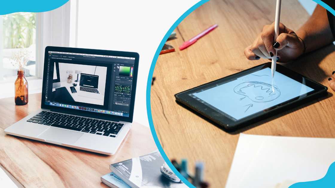 A laptop screen showing the work of a graphic designer and a graphic designer sketching on a tablet. A laptop screen showing the work of a graphic designer and a graphic designer sketching on a tablet.