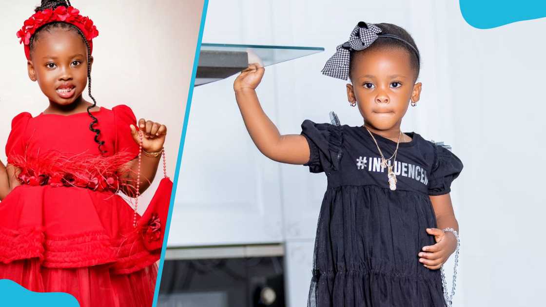 Maxine Mawushi Mensah poses in red attire (L). Maxine holds on to a glass table (R)