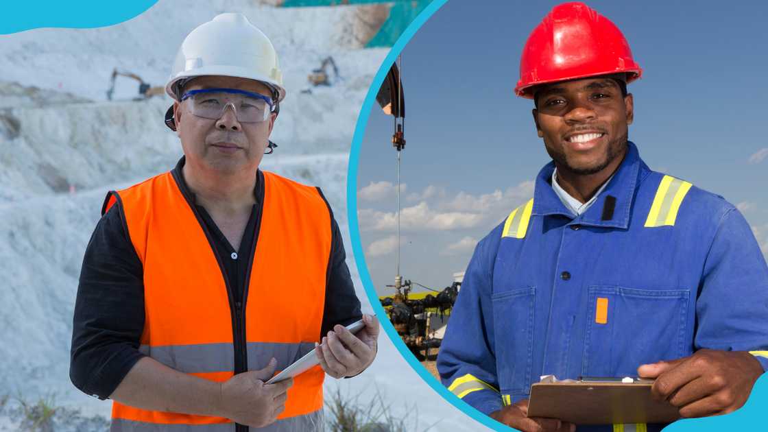 A miner in an orange reflector (L) and an oil worker at a rig (R). A miner in an orange reflector (L) and an oil worker at a rig (R).