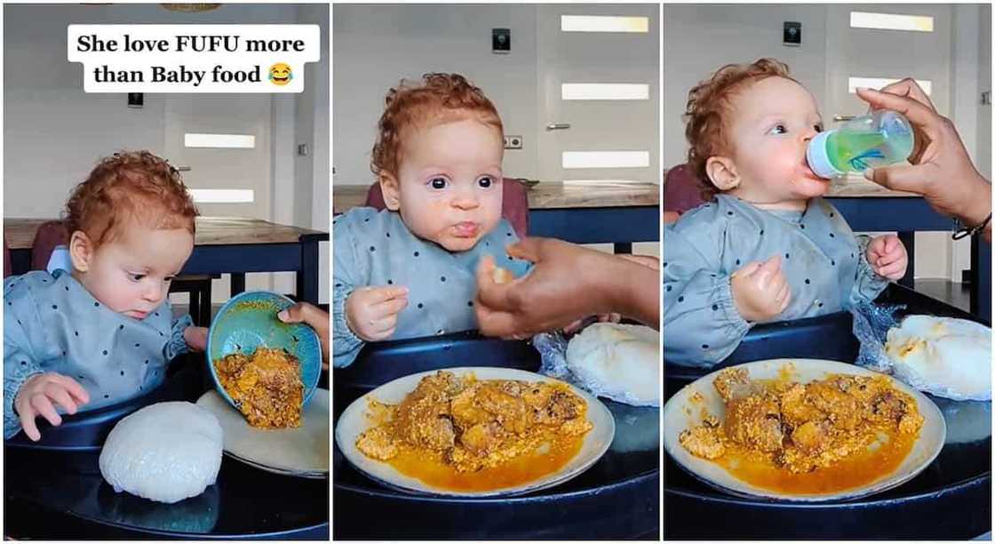 Photos of a baby eating fufu. Photos of a baby eating fufu.