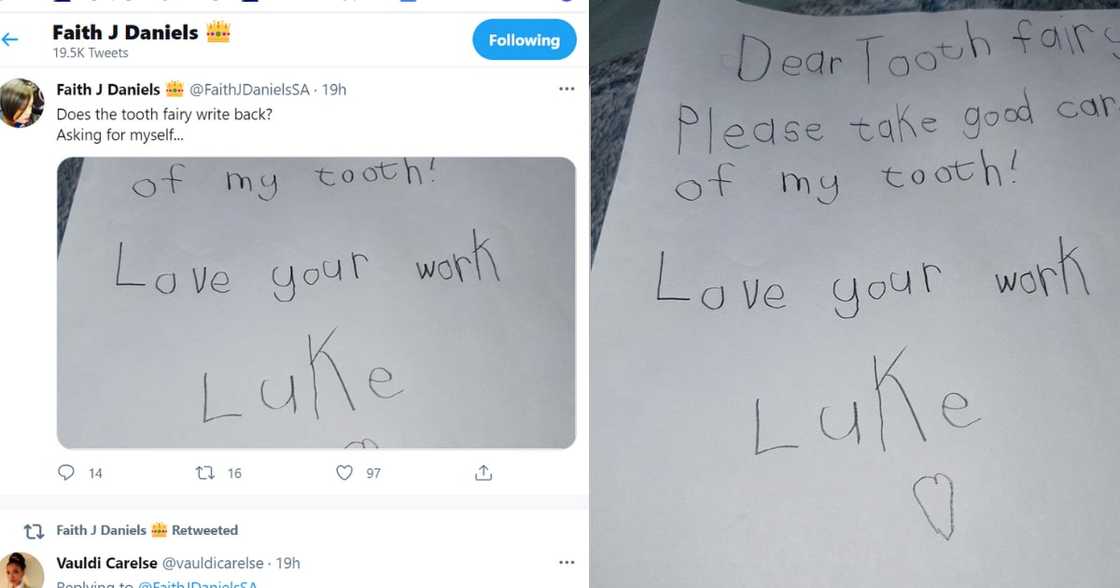 A South African mother has shared a warm letter on social media penned by his son to the 'Tooth Fairy'. Image: Twitter A South African mother has shared a warm letter on social media penned by his son to the 'Tooth Fairy'. Image: Twitter