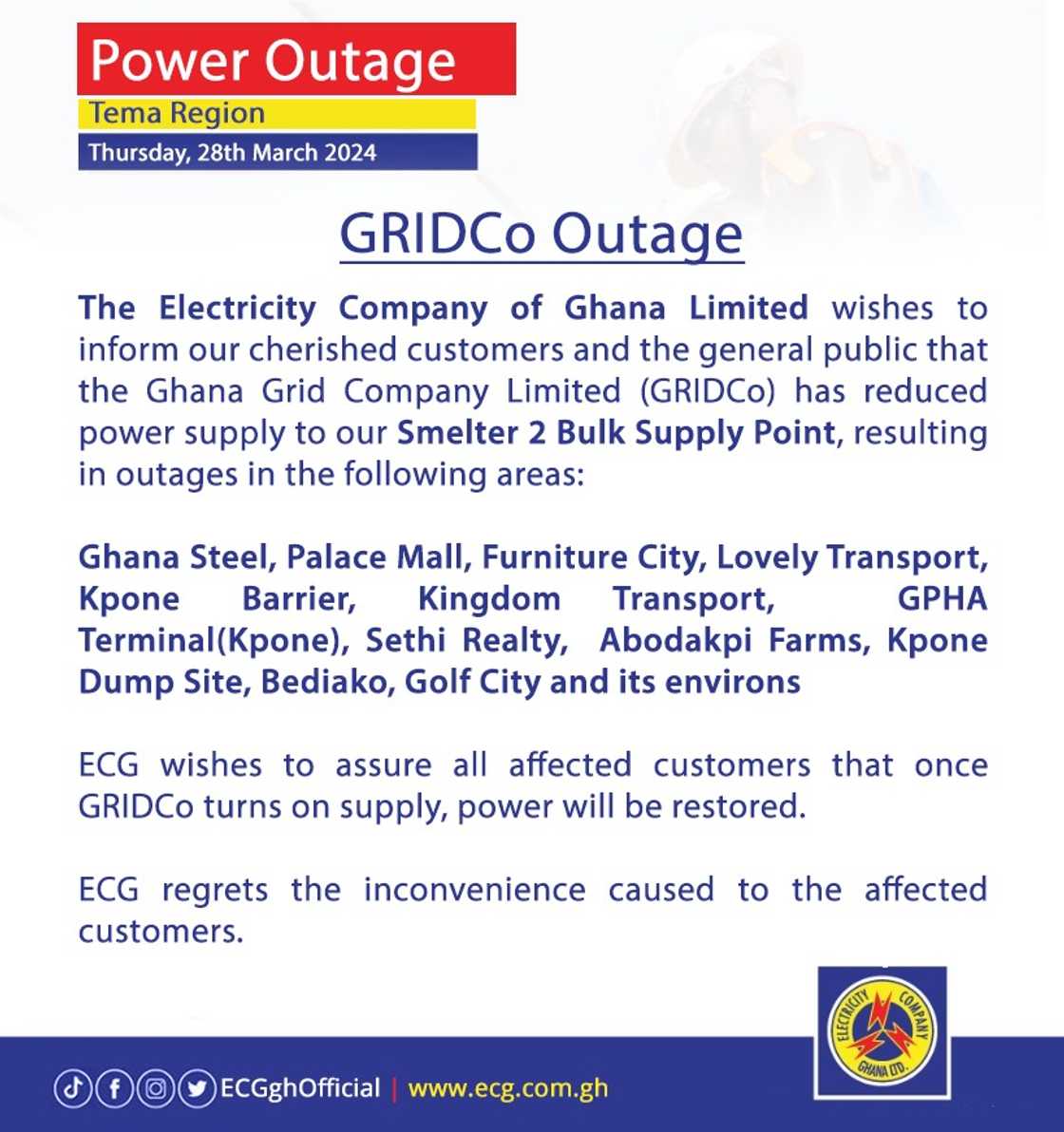 ECG Outlines Areas To Be Affected By Power Cuts ECG Outlines Areas To Be Affected By Power Cuts