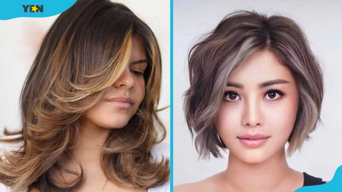 Dark brown with honey blonde highlights (L). Dimensional brunette with silver or gray highlight (R) Dark brown with honey blonde highlights (L). Dimensional brunette with silver or gray highlight (R)