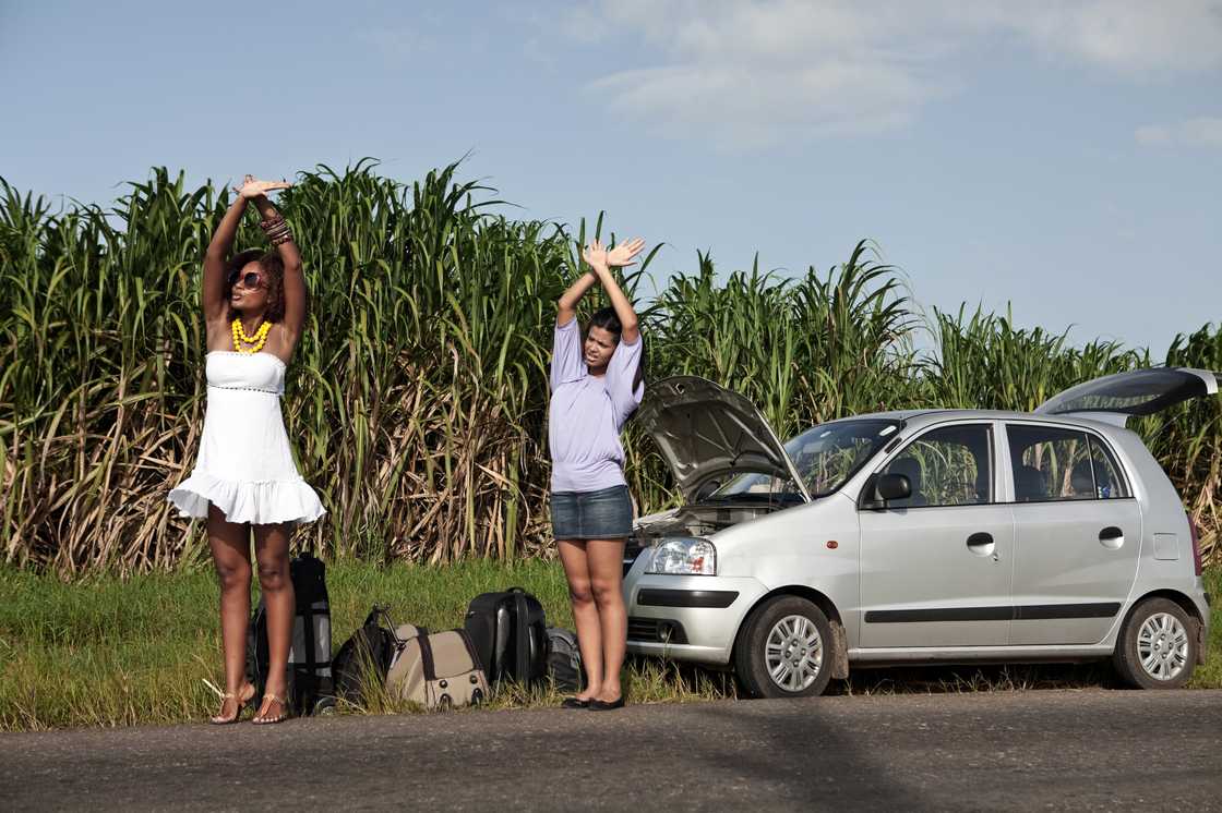 Two ladies are waiving their hands above their heads