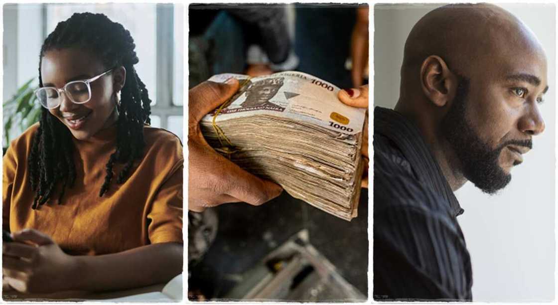 Photos of a woman, bundles of Naira notes and a man.