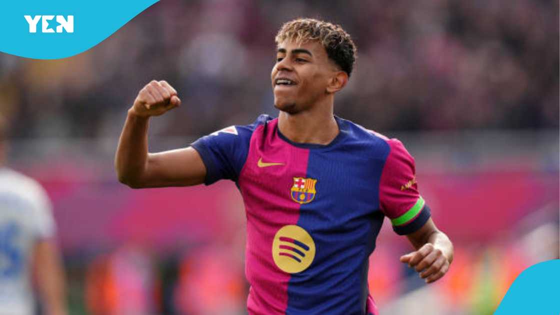 Lamine Yamal celebrates after scoring for Barcelona. Lamine Yamal celebrates after scoring for Barcelona.