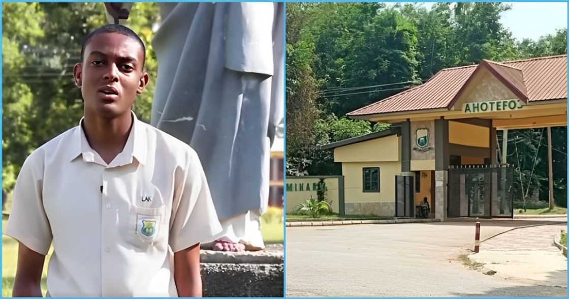 Photo of St James SHS student and the school entrance Photo of St James SHS student and the school entrance
