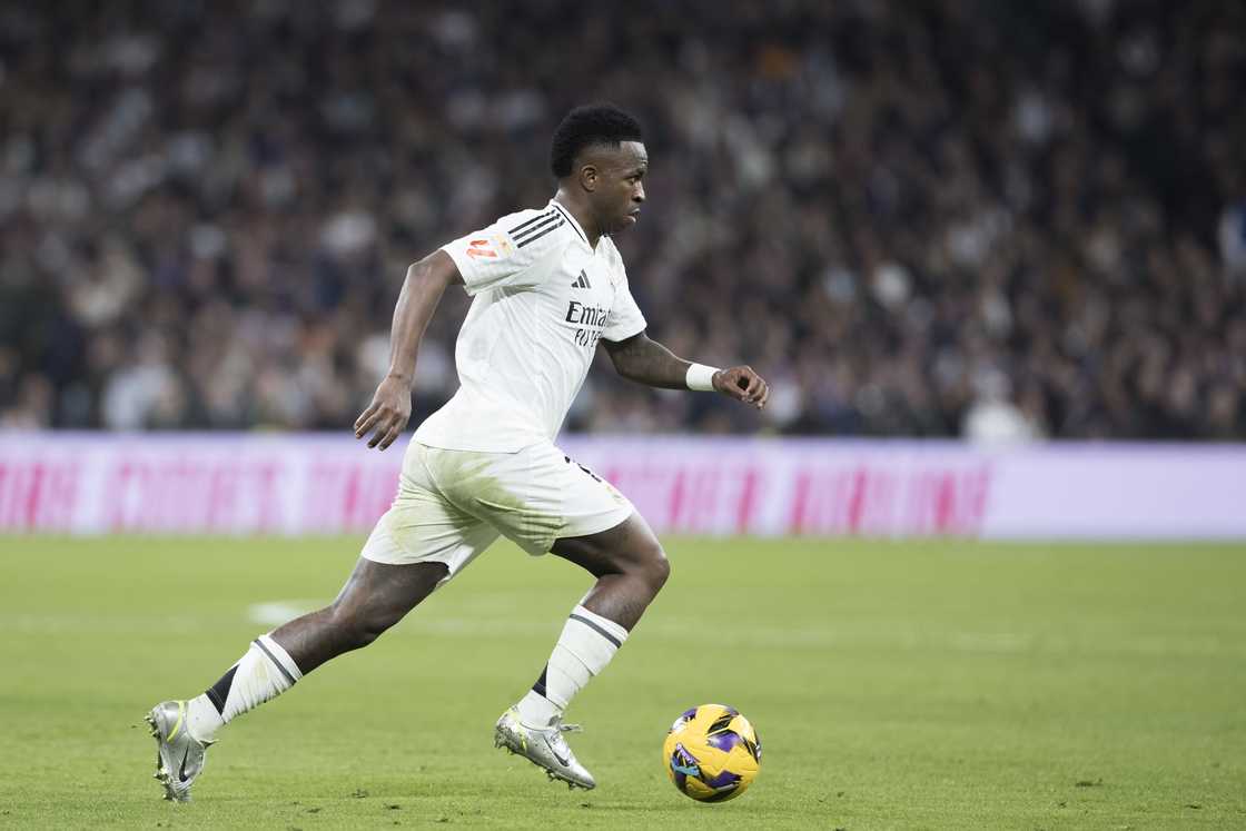 Vinicius Jr of Real Madrid is in action during the La Liga 2024/25 match between Real Madrid and Atletico de Madrid at Santiago Bernabeu Stadium in Madrid, Spain, on February 8 Vinicius Jr of Real Madrid is in action during the La Liga 2024/25 match between Real Madrid and Atletico de Madrid at Santiago Bernabeu Stadium in Madrid, Spain, on February 8