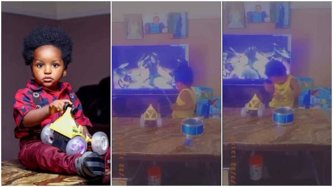 The teaches himself how to drum on TV. The teaches himself how to drum on TV.