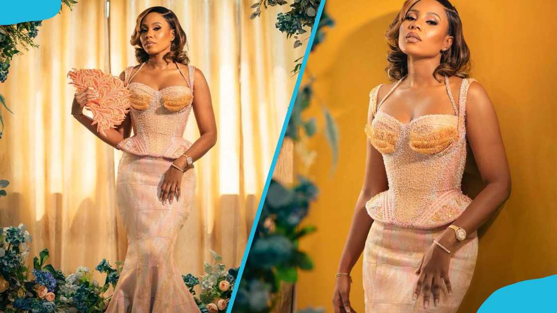 Peach-beaded corseted Kente gown Peach-beaded corseted Kente gown