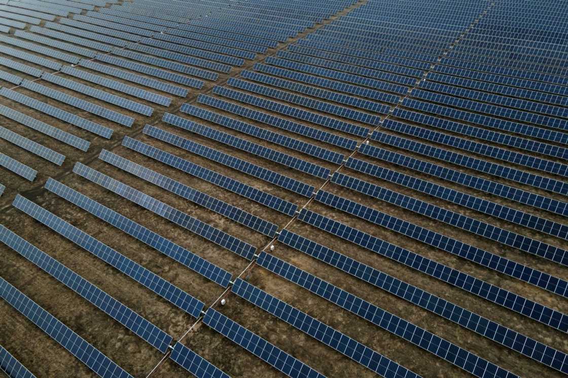 An aerial view of a vast solar-energy installation in Hill County, Texas, on March 1, 2023