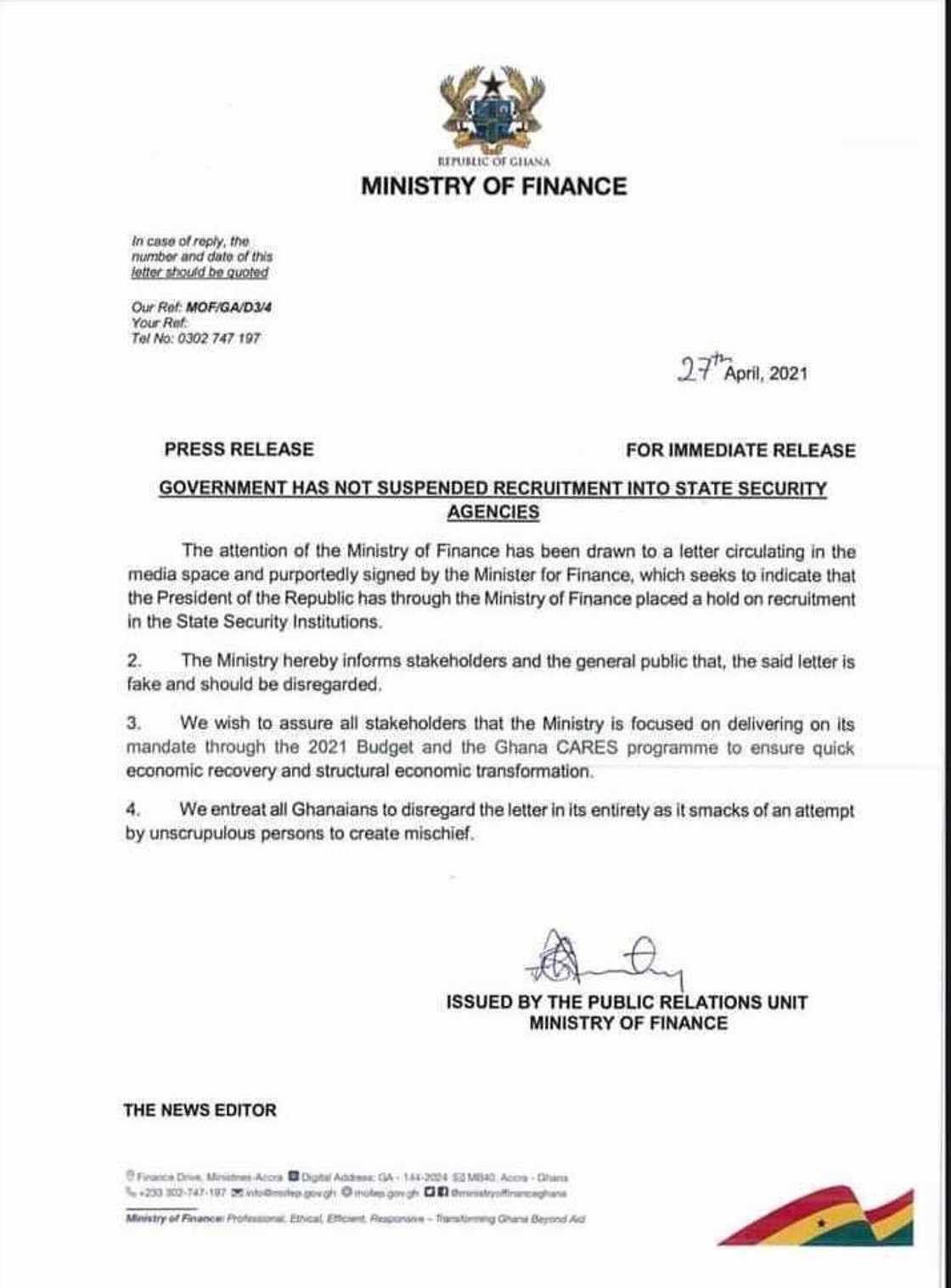 Govt has not suspended recruitment into military, police et all - Finance Ministry assures Govt has not suspended recruitment into military, police et all - Finance Ministry assures