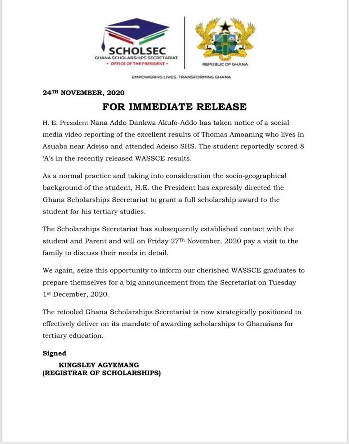 Akufo-Addo offers needy Adeiso SHS student who scored 8As in WASCCE scholarpship Akufo-Addo offers needy Adeiso SHS student who scored 8As in WASCCE scholarpship