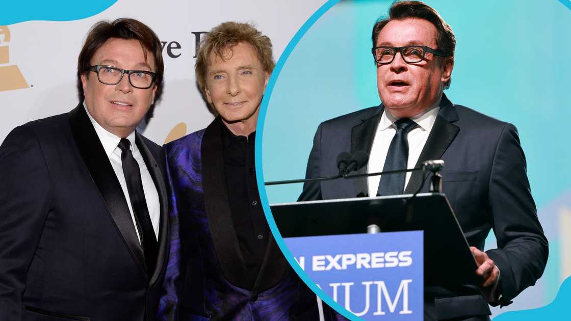 Garry Kief and partner Barry Manilow (L) and Gary Kief speaks onstage during an event (R) Garry Kief and partner Barry Manilow (L) and Gary Kief speaks onstage during an event (R)