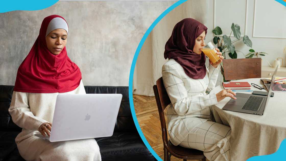 A woman in a red hijab working on her laptop and a woman in a brown hijab working on her laptop while drinking juice A woman in a red hijab working on her laptop and a woman in a brown hijab working on her laptop while drinking juice