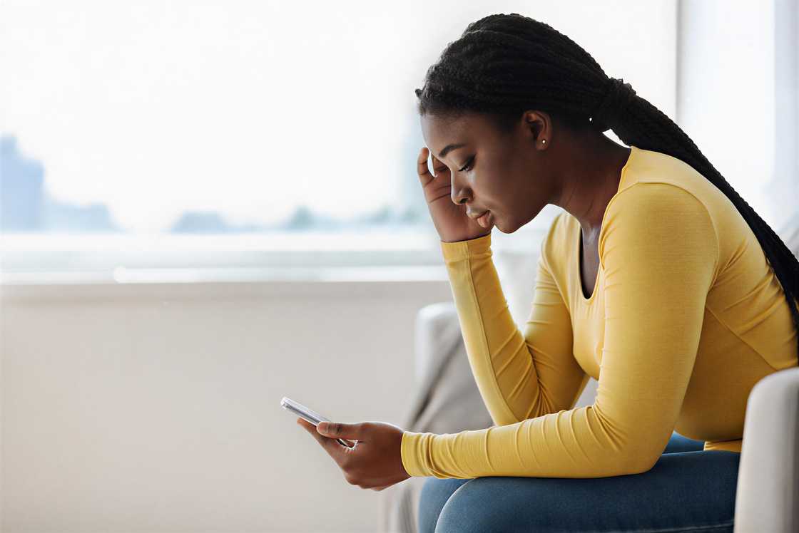 An upset African woman is looking at a cellphone