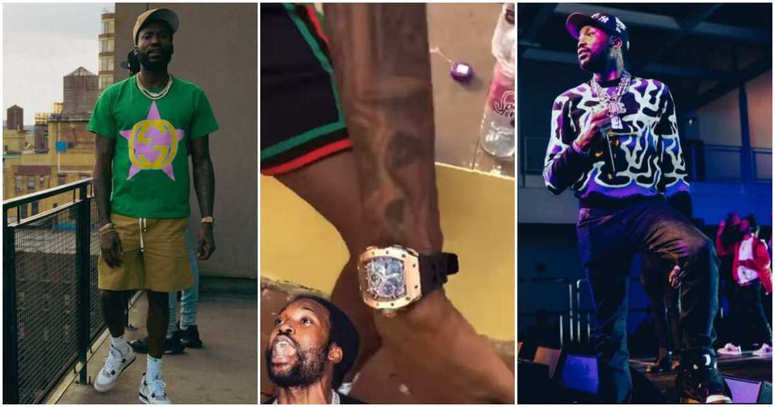 Rapper Meek Mill shows off his expensive Richard Mille watch.