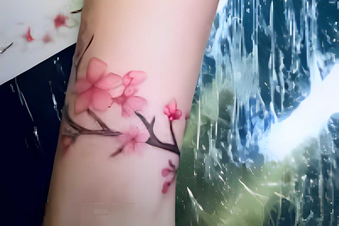 A lady with a cherry blossom tattoo on the wrist A lady with a cherry blossom tattoo on the wrist