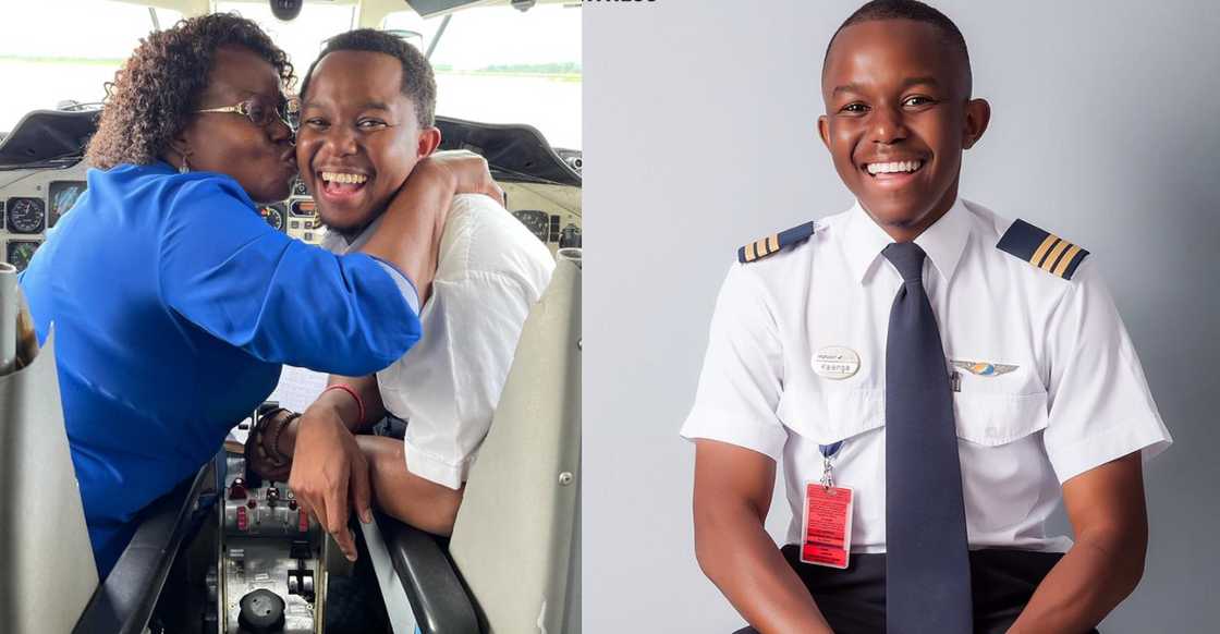 Young pilot with his mother in aircraft