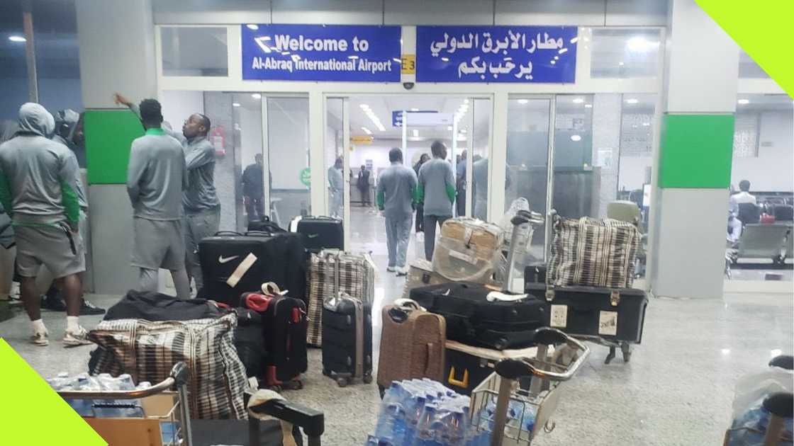 Super Eagles players and staff stranded at Al Abraq International Airport. Super Eagles players and staff stranded at Al Abraq International Airport.